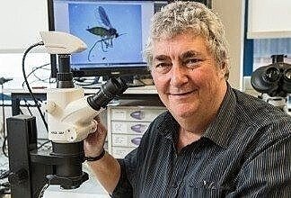 Ian Bedford with a microscope